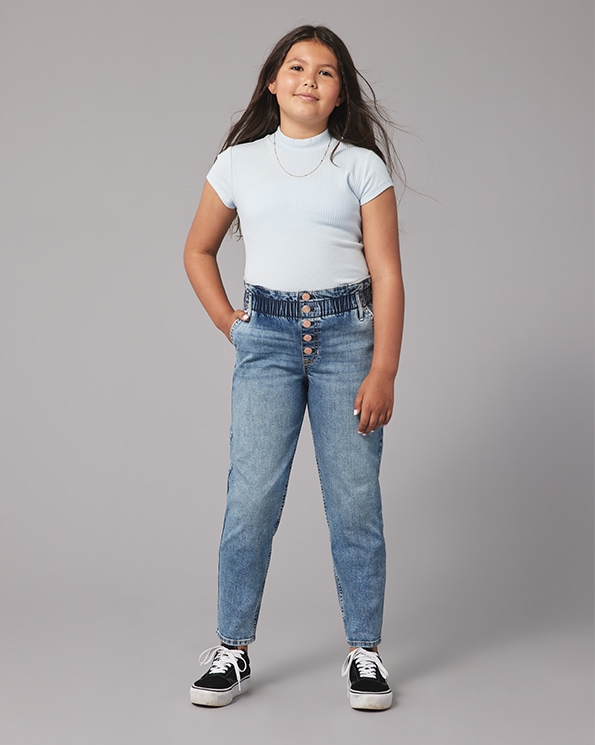 Hangzhikids Girls' Casual Elastic Waist Wide Leg Jeans Cool Ripped Jeans Age 5-14 Years