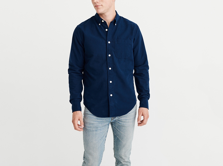 Male model wearing Abercrombie Mens button-down shirt