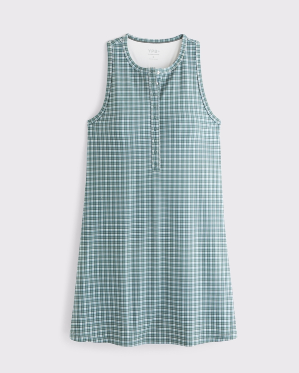 YPB studioFLEX Double-Layered Henley Dress, Green Plaid view 1