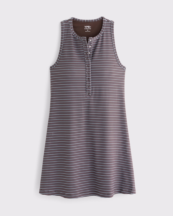 YPB studioFLEX Double-Layered Henley Dress, Dark Brown Stripe view 1