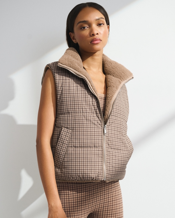 YPB On The Go Reversible Puffer Vest, Chocolate Mousse Check view 1