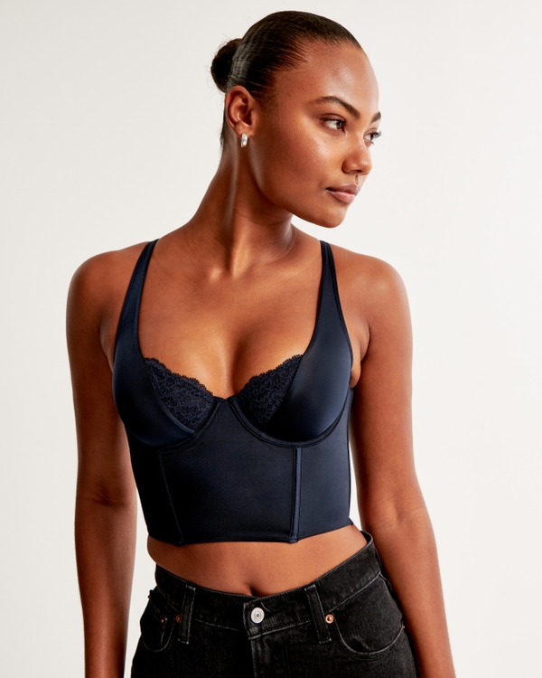 Lace and Satin Balconette Corset, Navy