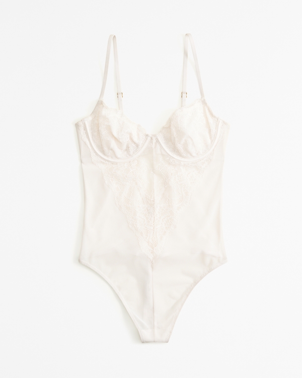 Lace and Satin Bodysuit, White