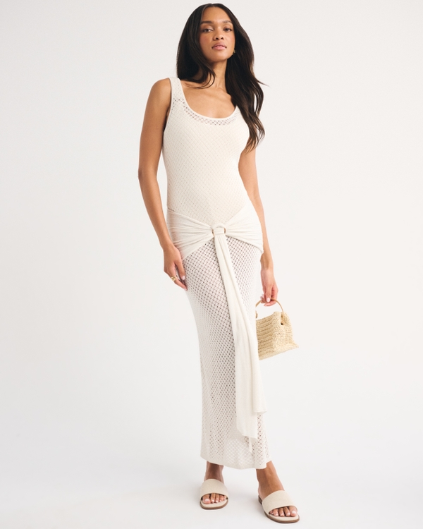 Draped Crochet-Style Maxi Dress Coverup, Cream view 1