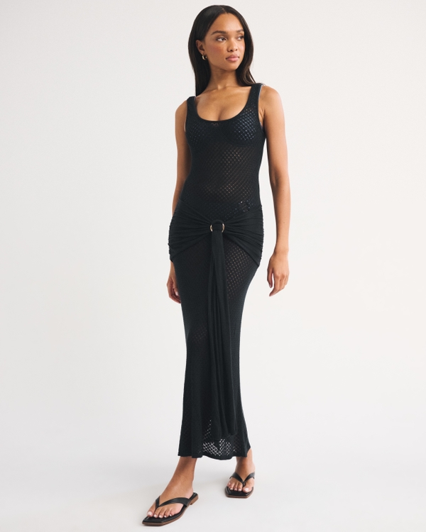 Draped Crochet-Style Maxi Dress Coverup, Black view 1