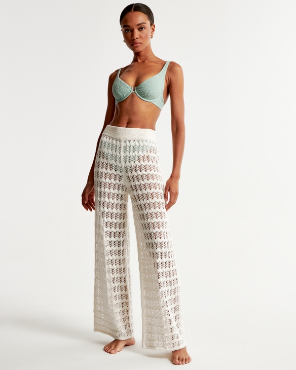 Crochet-Style Coverup Pant, Cream