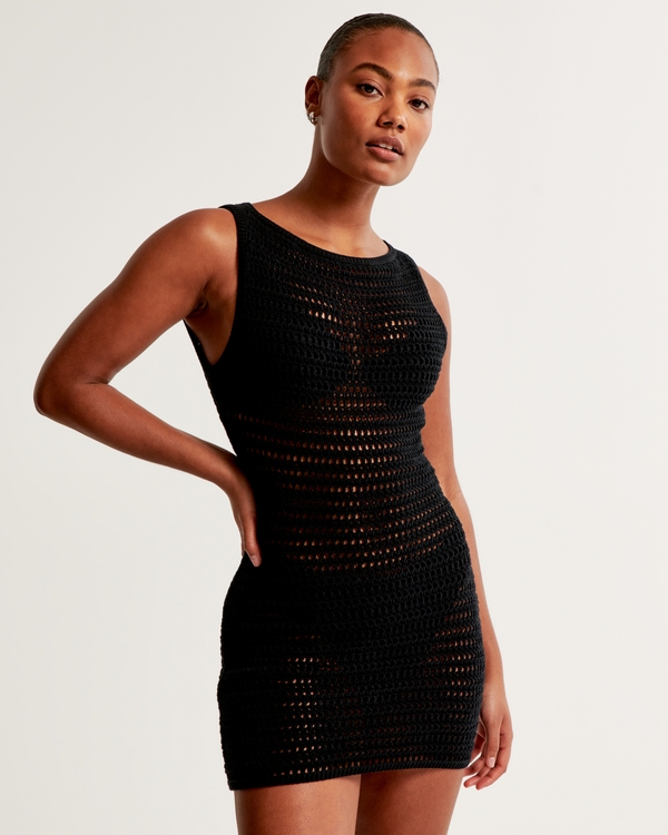 Crochet-Style Shell Mini Dress Coverup, Black