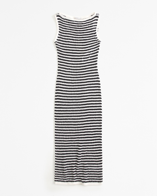 Crochet-Style Maxi Dress Coverup, Black Stripe