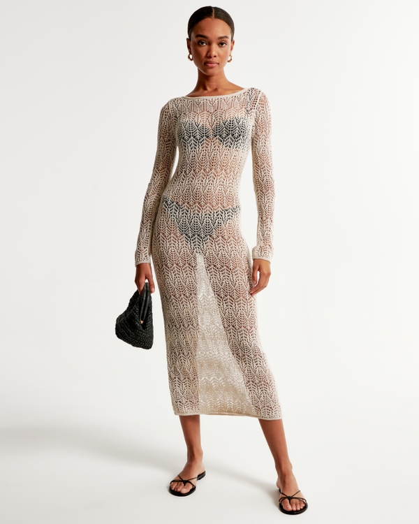 Long-Sleeve Crochet-Style Maxi Dress Coverup, Cream
