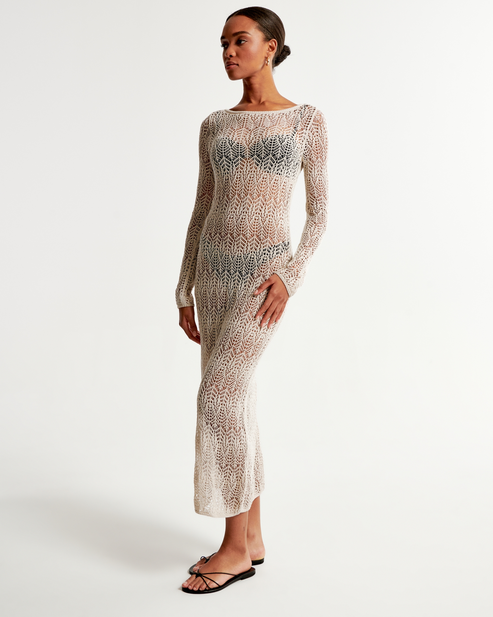 Long-Sleeve Crochet-Style Maxi Dress Coverup