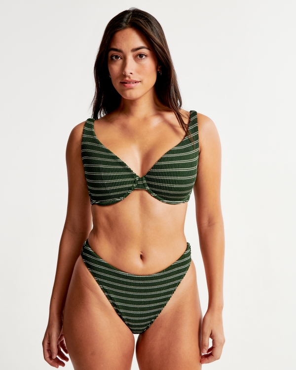 Curve Love Mid-Rise High-Leg Moderate Bottom, Dark Green Stripe