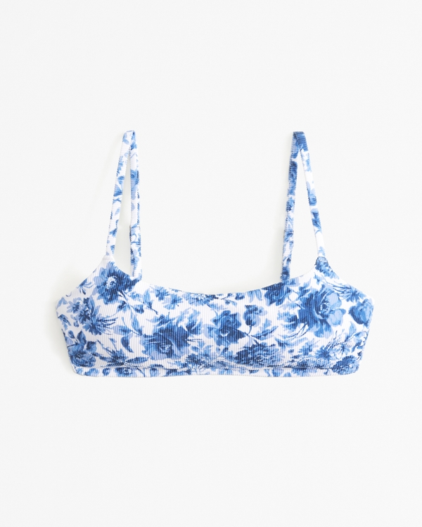 90s Scoopneck Bralette Swim Top, Blue Floral
