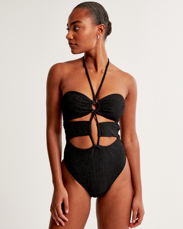 Halter O-Ring One-Piece Swimsuit, Black