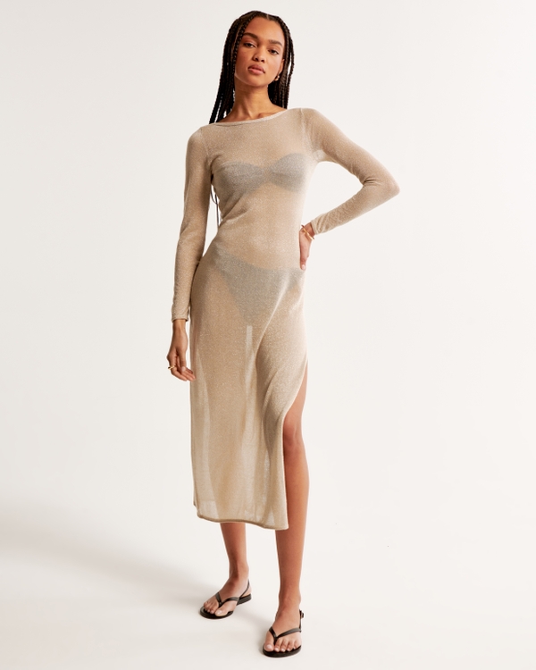 Long-Sleeve Mesh Maxi Dress Coverup, Beige Shimmer