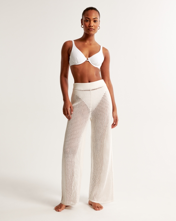 Crochet-Style Coverup Pant, Cream