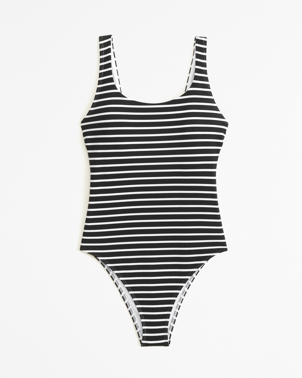 90s Scoopneck One-Piece Swimsuit, Black And White Stripe