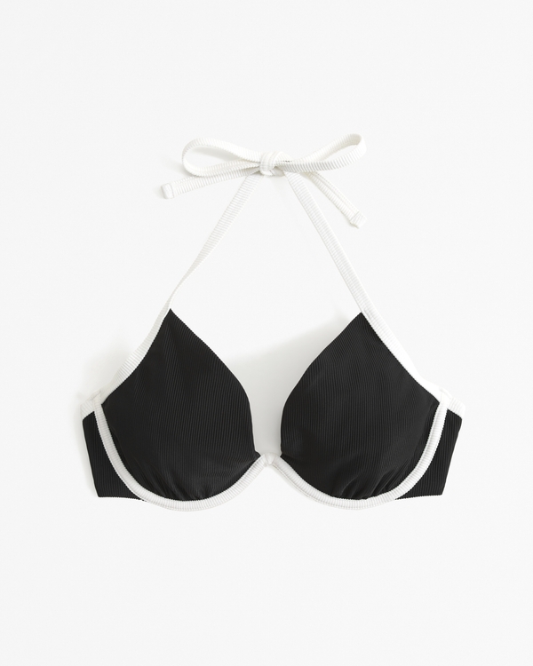 Curve Love Halter Triangle Underwire Bikini Top, Black & White