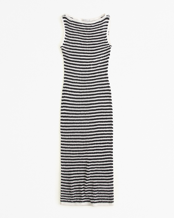 Crochet-Style Maxi Dress Coverup, Black Stripe