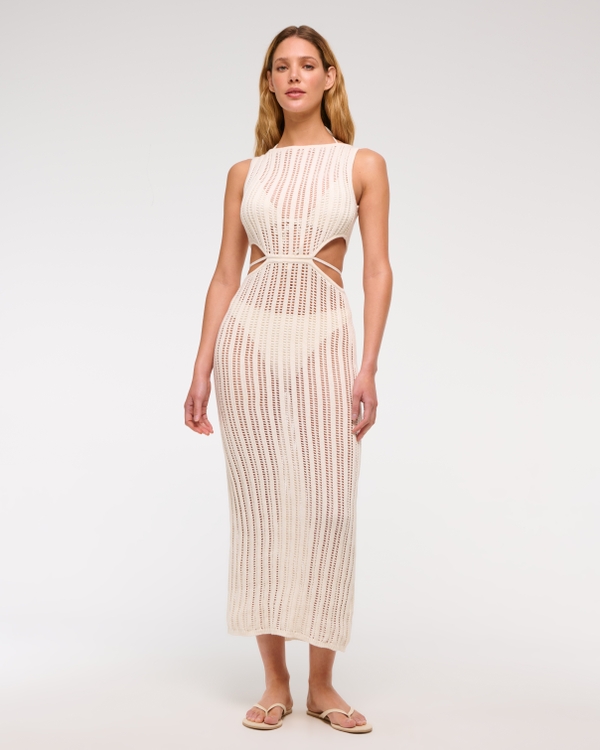 Crochet-Style Cutout Maxi Dress Coverup, Cream view 2