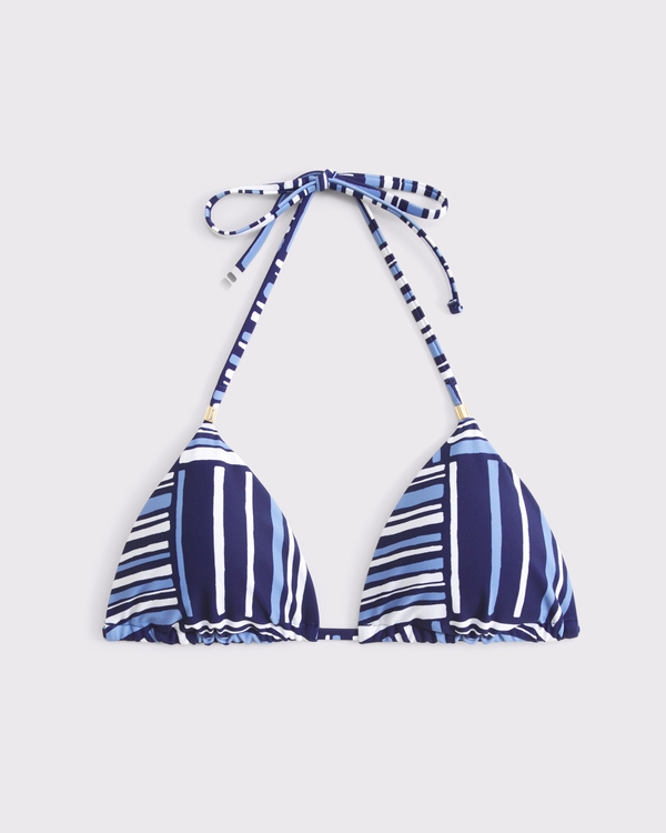 Beaded Halter String Triangle Bikini Top, Blue Stripe view 1