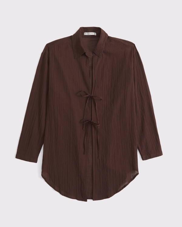 Tie-Front Shirt Dress Coverup, Cocoa view 1