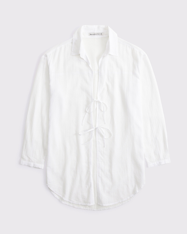 Tie-Front Shirt Dress Coverup, White view 1