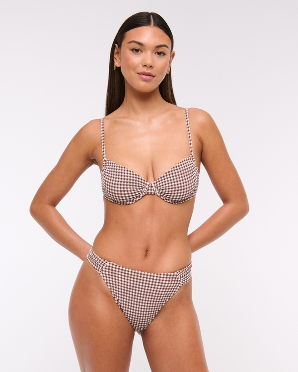 Ruched-Side Mid Rise Moderate Bottom, Brown Gingham view 1