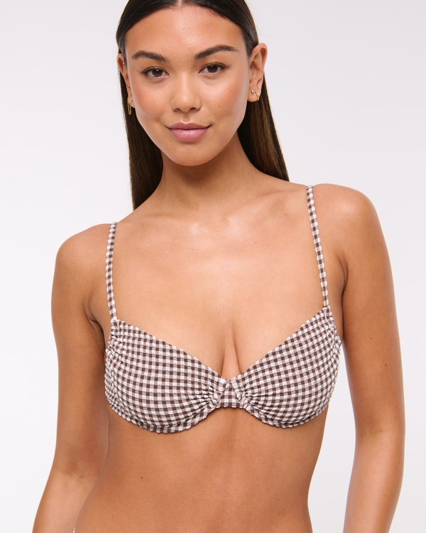 Ruched Underwire Bikini Top, Brown Gingham view 2
