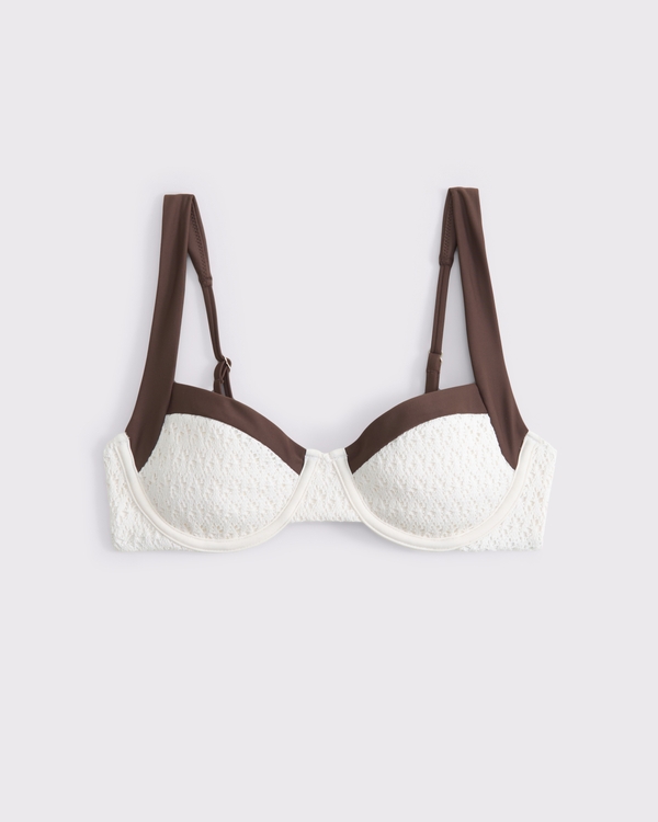 Crochet-Style Wide Strap Underwire Bikini Top, Cream And Brown view 1
