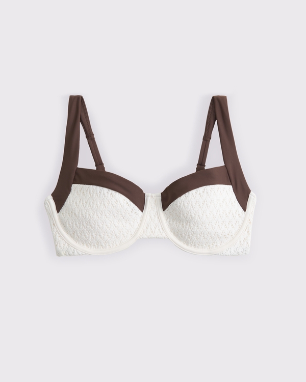 Curve Love Crochet-Style Wide Strap Underwire Bikini Top, Cream And Brown view 1