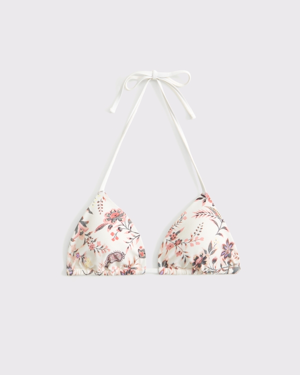 Halter String Triangle Bikini Top, Cream Paisley Print view 1