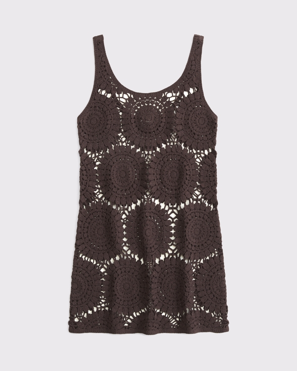 Crochet-Style Scoopneck Mini Dress Coverup, Dark Brown view 1