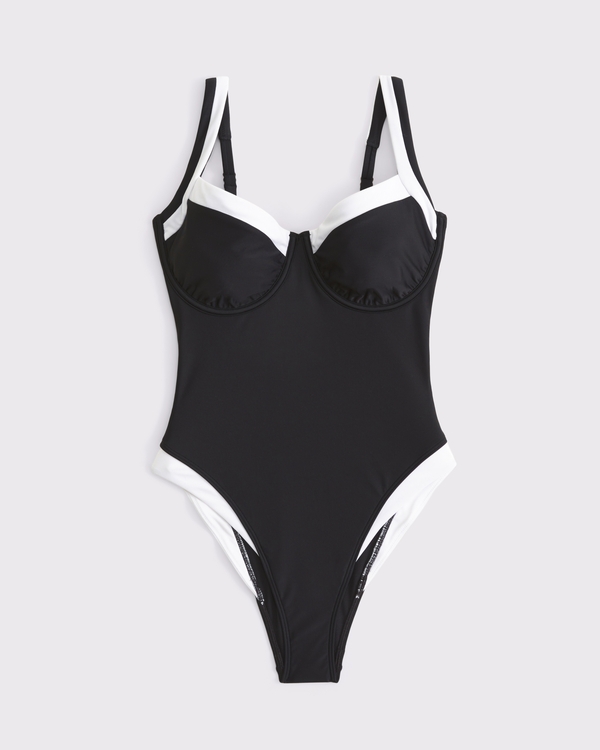 Curve Love Underwire One-Piece Swimsuit, Black & White view 1