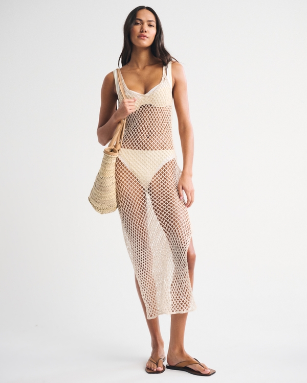 Crochet-Style Scoopneck Maxi Dress Coverup, Cream view 1