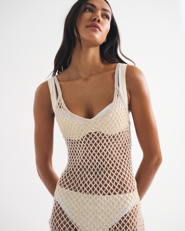 Crochet-Style Scoopneck Maxi Dress Coverup, Cream view 2