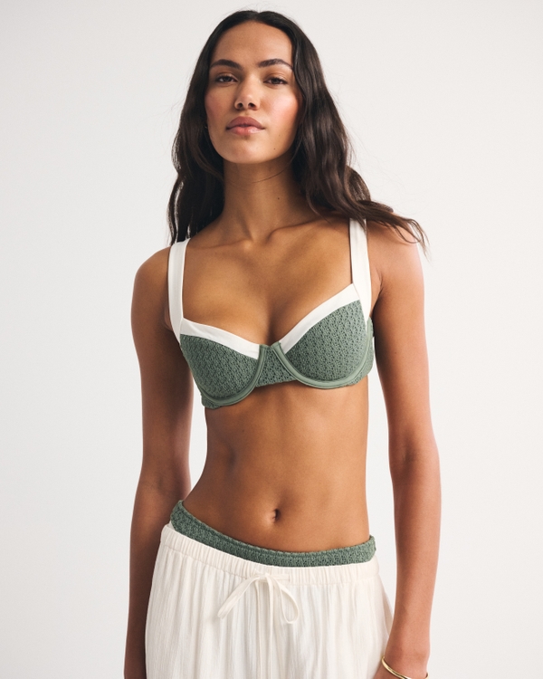 Crochet-Style Wide Strap Underwire Bikini Top, Green view 1