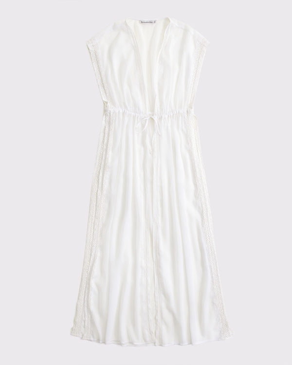 Women's Tie-Front Lace-Trim Maxi Dress Coverup in White | Size M | Abercrombie & Fitch