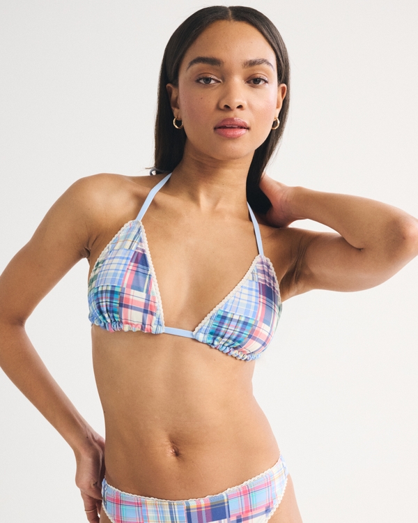 Reversible Halter String Triangle Bikini Top, Blue Plaid view 1