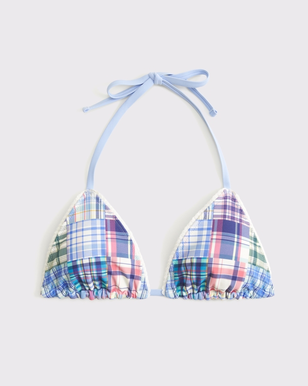 Reversible Halter String Triangle Bikini Top, Blue Plaid view 1