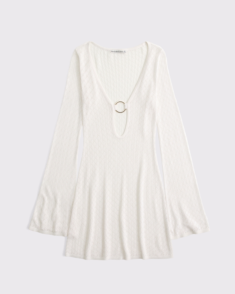 Crochet-Style Plunge Mini Dress Coverup - S