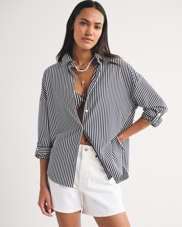 Seersucker Shirt Coverup, Navy Stripe view 1