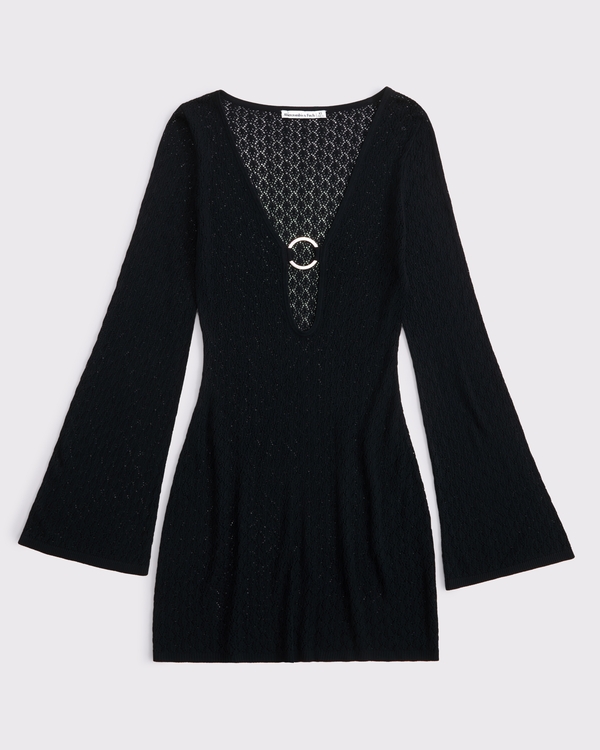 Crochet-Style Plunge Mini Dress Coverup, Black view 1