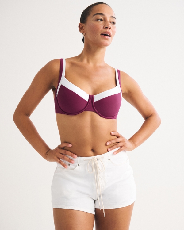 Curve Love Wide Strap Underwire Bikini Top, Plum & White view 1