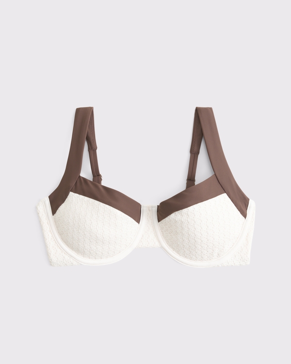 Curve Love Crochet-Style Wide Strap Underwire Bikini Top, Cream With Brown Trim view 1