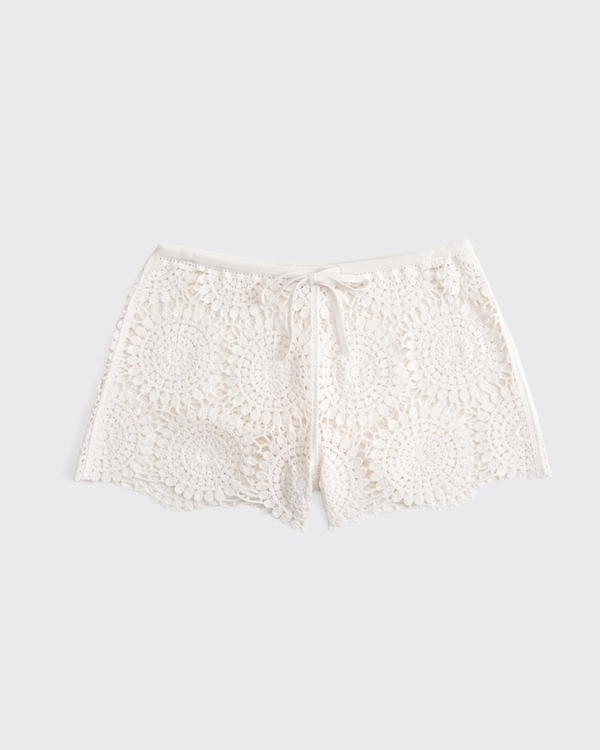 Crochet-Style Coverup Short, Cream view 1