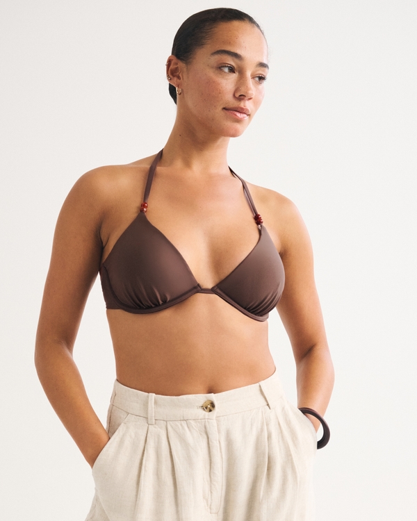 Curve Love Beaded Halter Triangle Underwire Bikini Top, Brown view 2