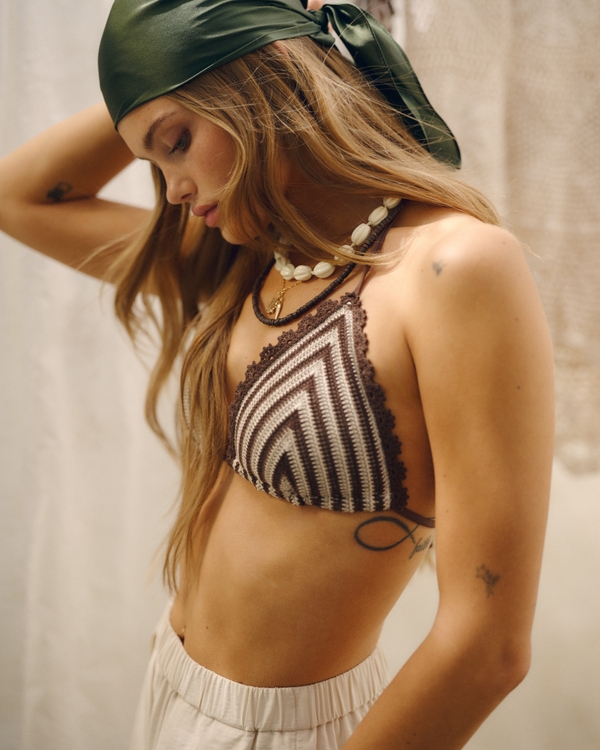 Crochet Halter String Triangle Bikini Top, Brown Stripe view 2