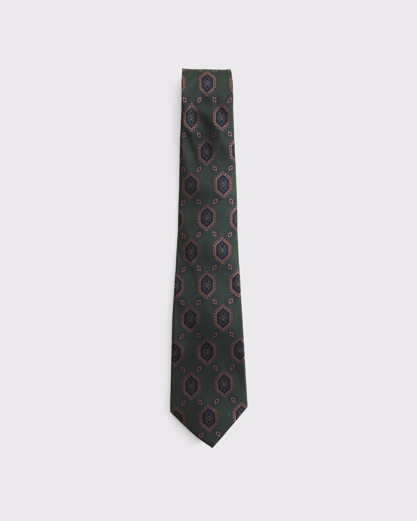 100% Silk Patterned Tie, Green Pattern view 1