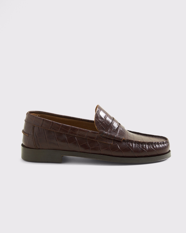 Croc-Effect Leather Loafer, Dark Brown view 1