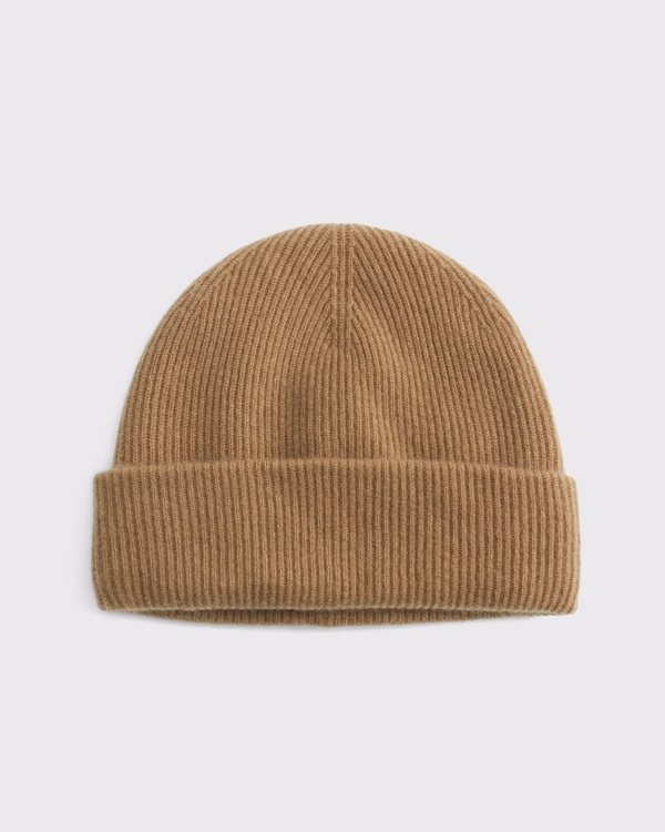 100% Cashmere Rib Beanie, Light Brown view 1